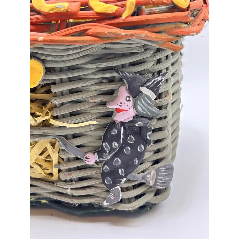 Vintage Halloween Blue & Orange Wicker Basket Handle Witch Bats 10